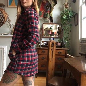 Red flannel button down tunic dress pockets S